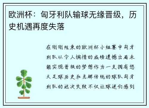 欧洲杯：匈牙利队输球无缘晋级，历史机遇再度失落